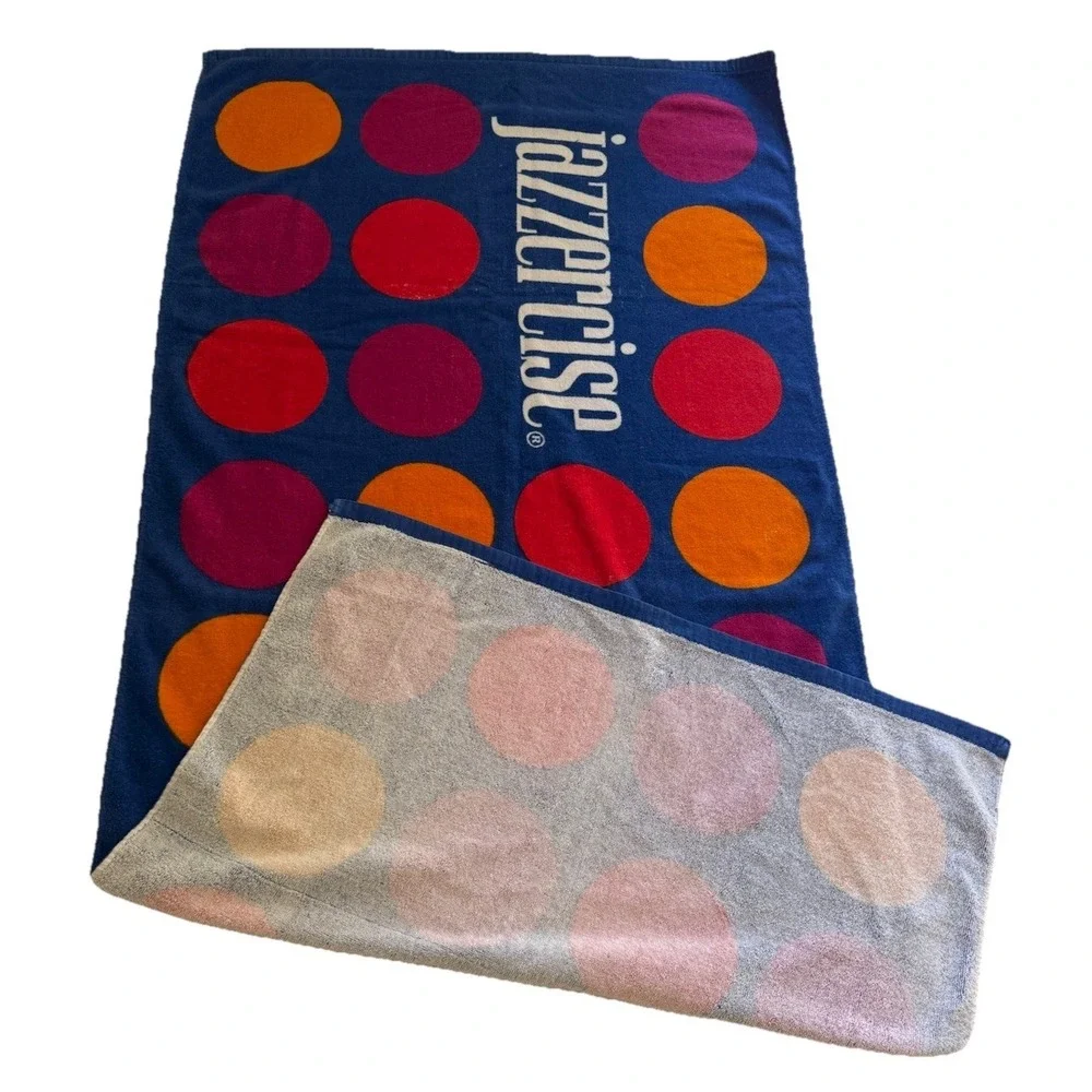 Vintage Jazzercise Beach Towel Polka Dot Blue Pink Orange 58x29 Collectible
